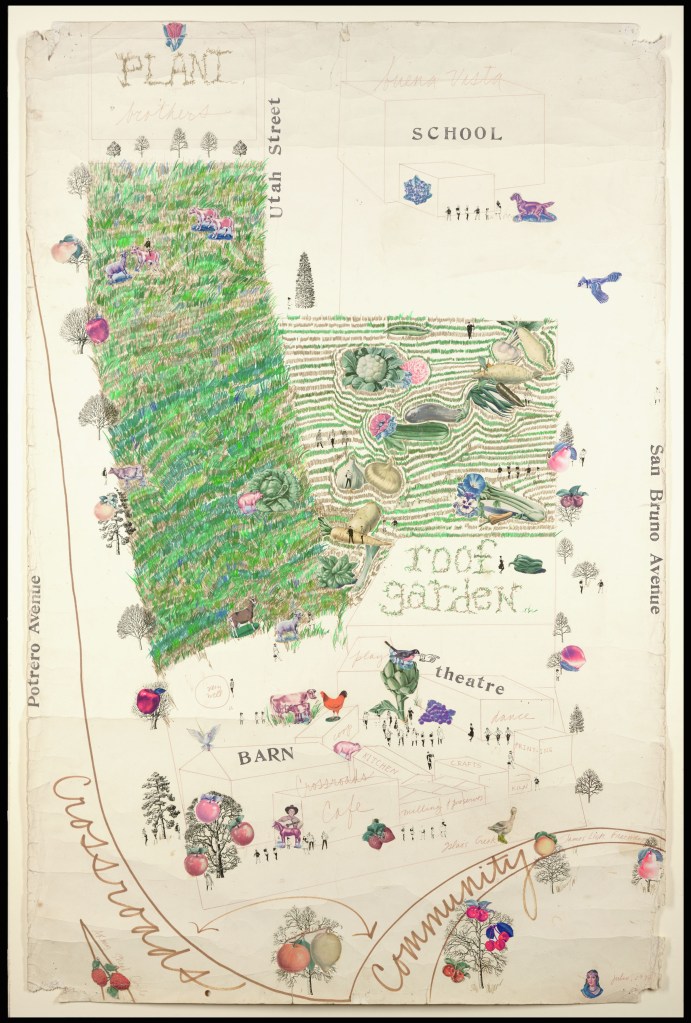Original Proposal For Crossroads Community (the farm) Drawing and Collage © 1974 Bonnie Ora Sherk 